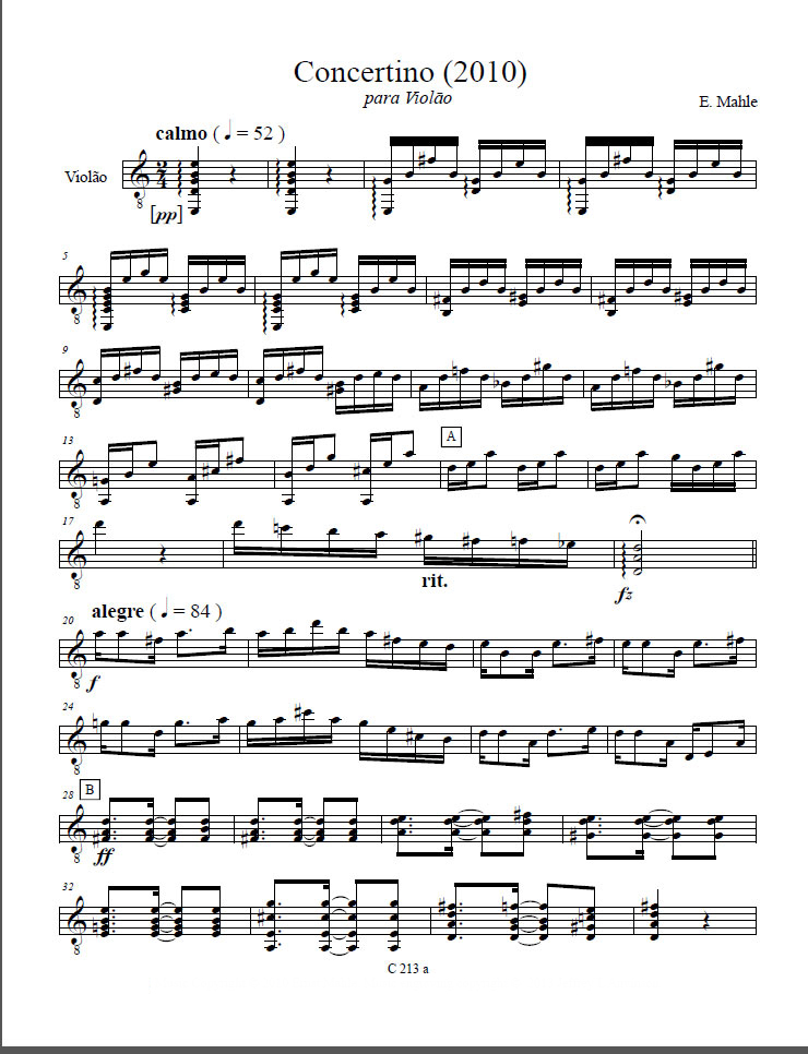Concertino (2010) for Guitar and Strings by Ernst Mahle, Guitar Solo Part
